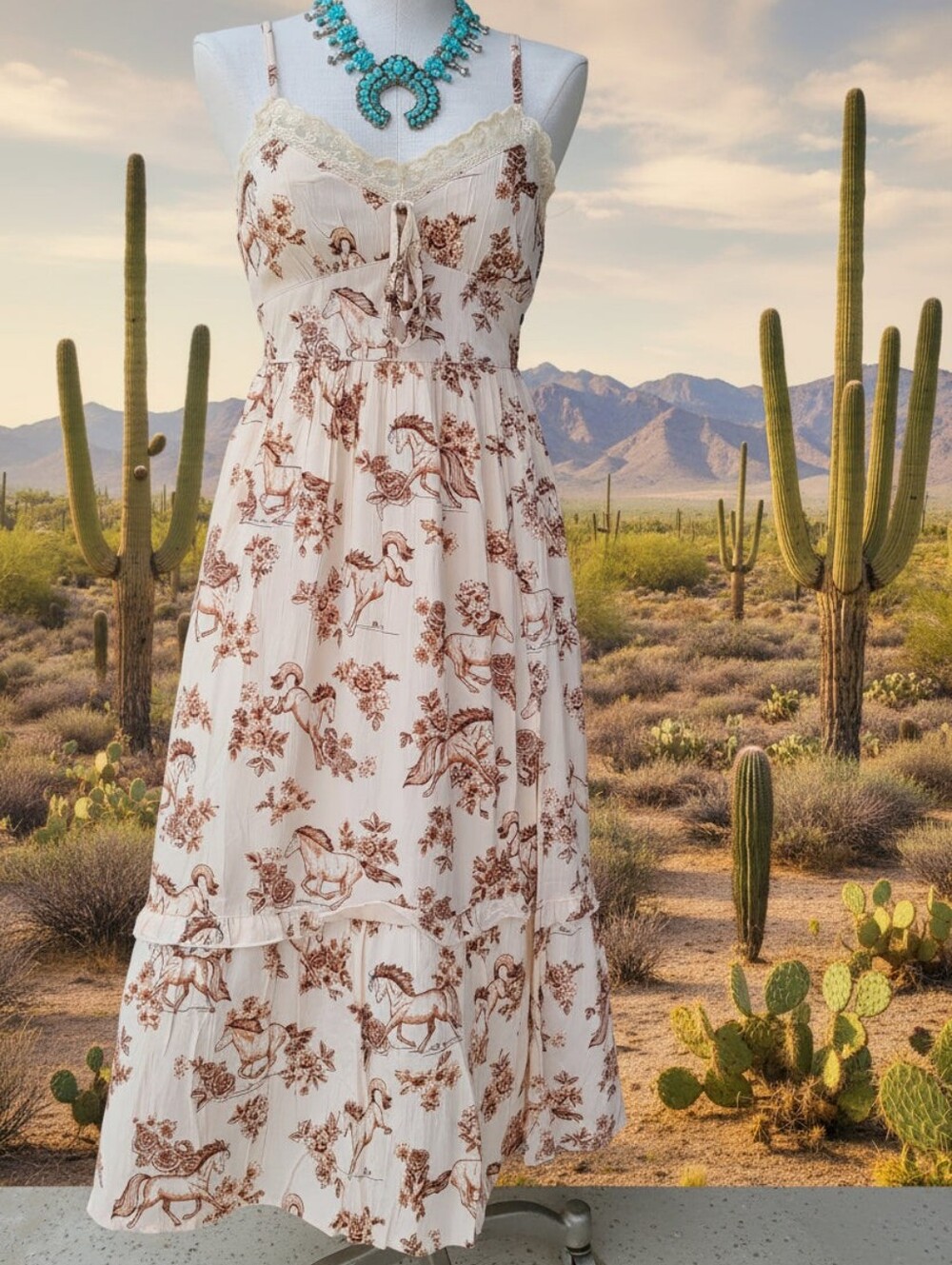 Boho Cream HORSE Floral Print Midi Dress with Lace Trim